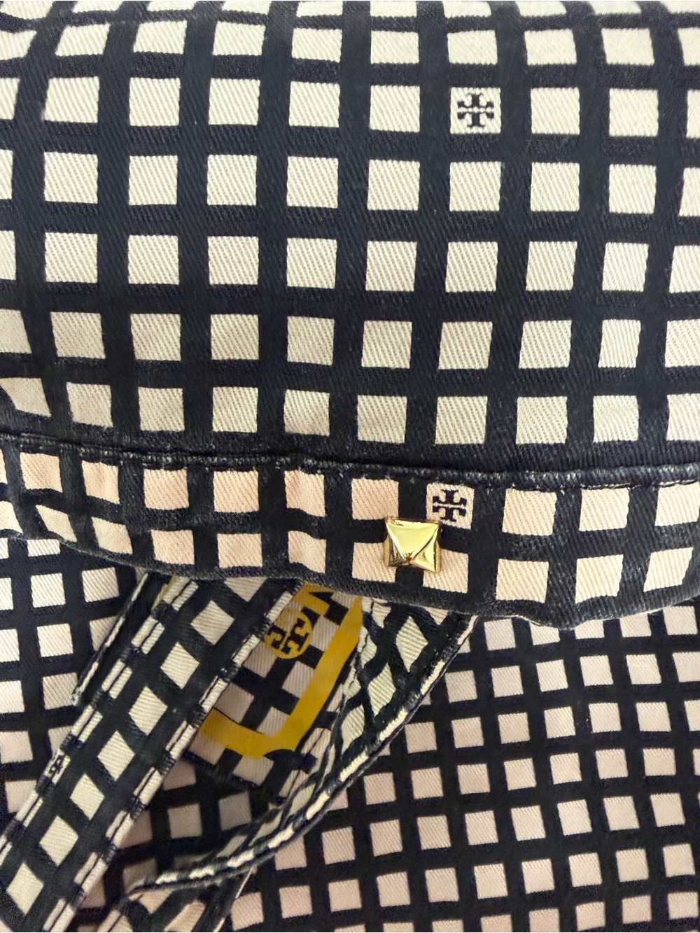 Tory Burch Black and Beige Grid Canvas Tote with Yellow Logo Tag - Picture 5 of 6